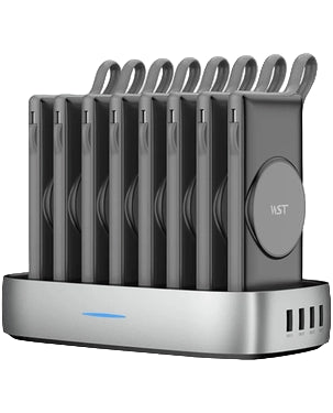 WST 8-in-1 Power Bank Station with eight 10,000mAh batteries and wireless charging in black, available in Qatar. WST 8-in-1 Power Bank Station with eight 10,000mAh batteries and wireless charging in black, available in Qatar.